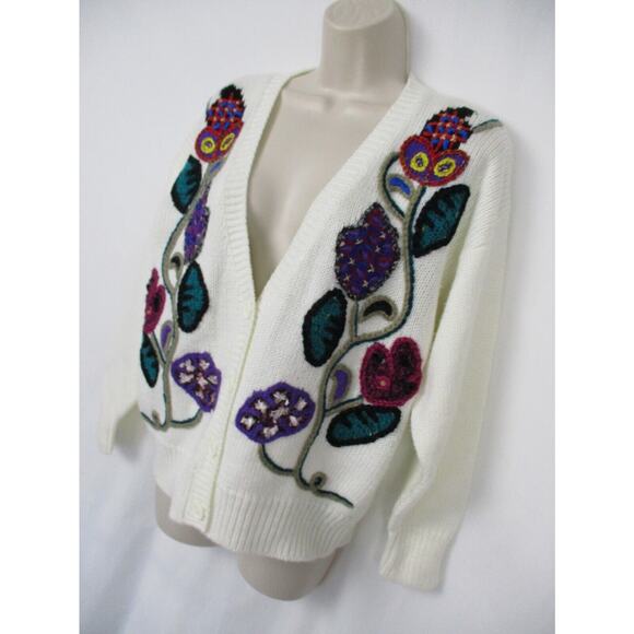 VINTAGE Cottage GrannyCore Cardigan Sweater Medium Embroidered Floral Chunky Y2K - Picture 2 of 13